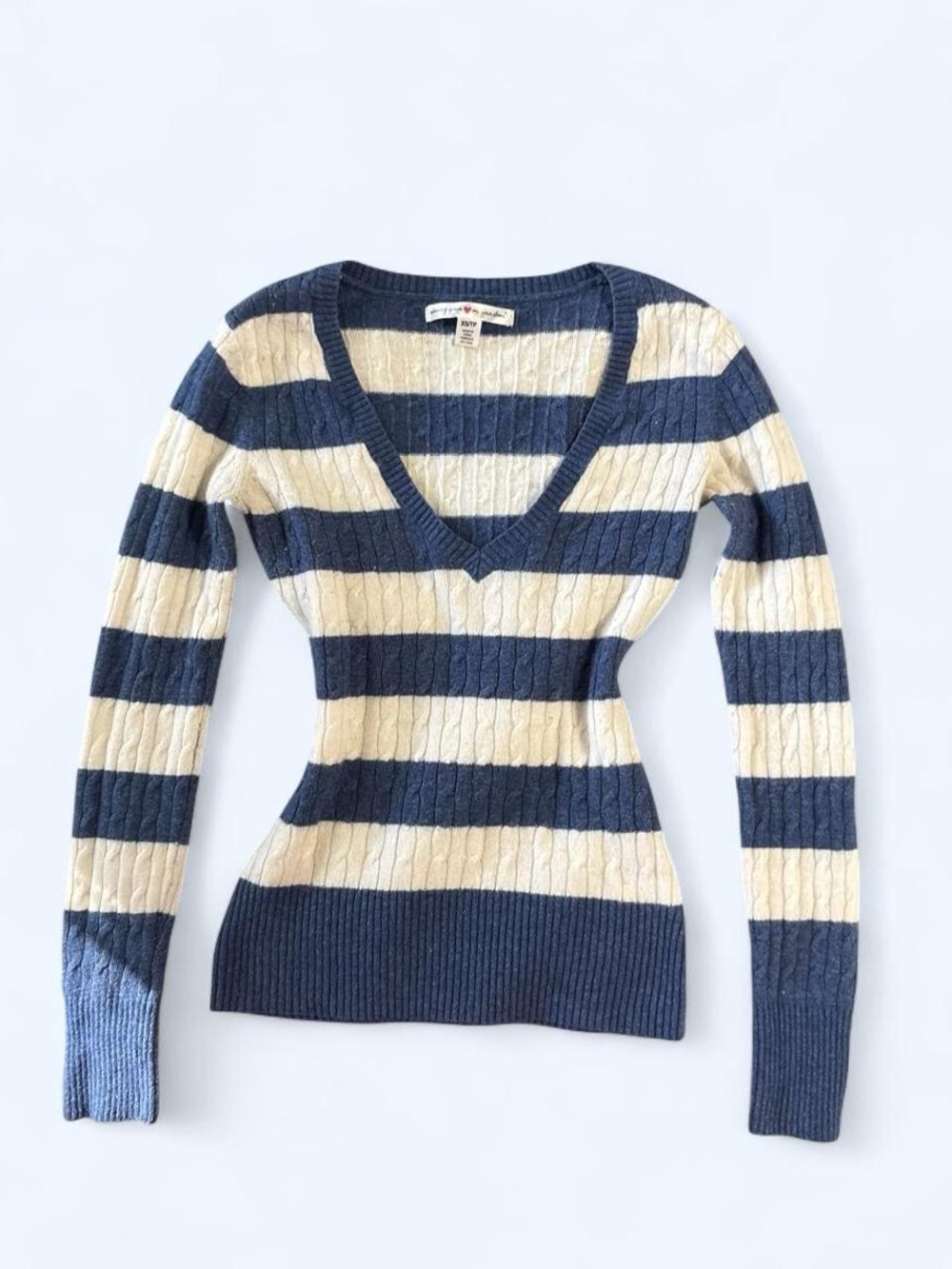 Striped V-Neck Cable Knit Sweater - Blue & Cream